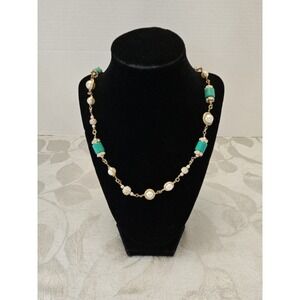 J Crew Necklace Faux Turquoise Pearl Crystal Rhinestone Gold Tone Antique Style